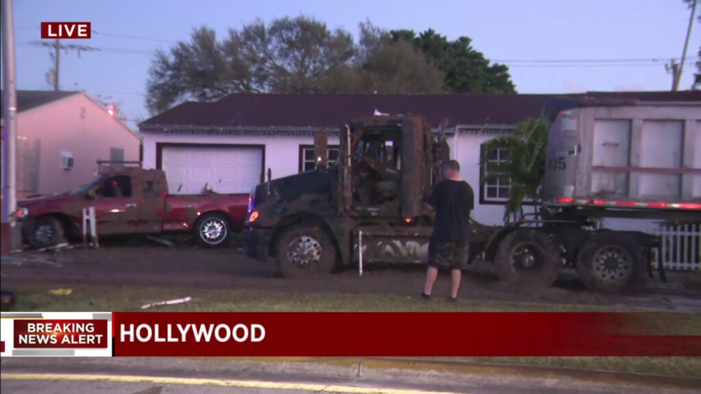 Crash leaves pickup, big rig covered in fertilizer in Hollywood